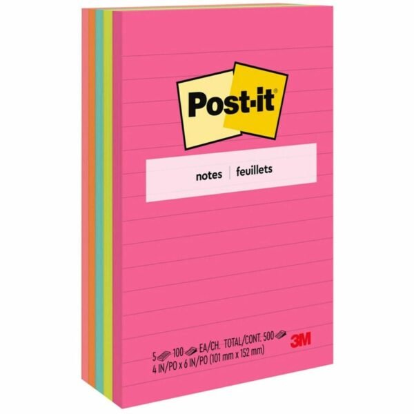 Post-it® Notes Original Notepads - Poptimistic Color Collection 4" Flag/Note Width x 6" Flag/Note Length - Rectangle - 100 Sheets per Pad - Ruled - Power Pink, Neon Green, Aqua,...