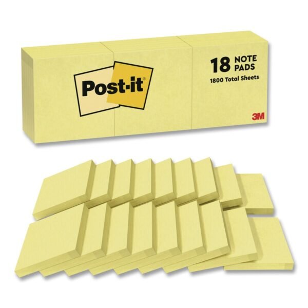 Post-it Original Pads in Canary Yellow, Note Ruled, 3" x 3", 100 Sheets/Pad, 18 Pads/Pack (654144YW)