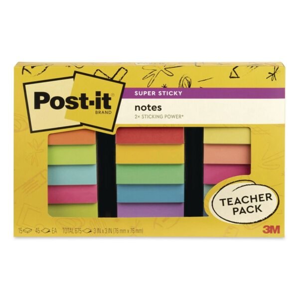 Post-it Pads in Assorted Collection Colors, Teacher's Pack, 3" x 3", Assorted Colors, 45 Sheets/Pad, 15 Pads/Pack (65415SSBTSSR)