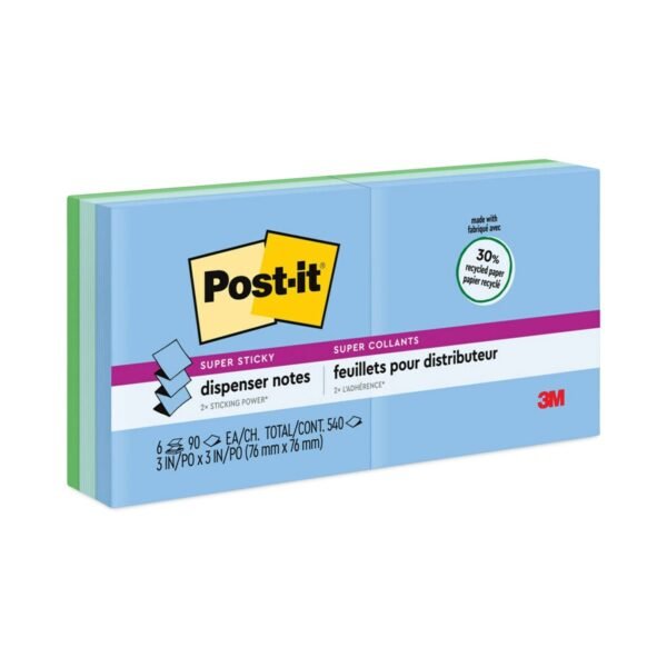 Post-it Recycled Pop-up Notes in Oasis Collection Colors, 3 x 3, 90 Sheets/Pad, 6 Pads/Pack (R3306SST)