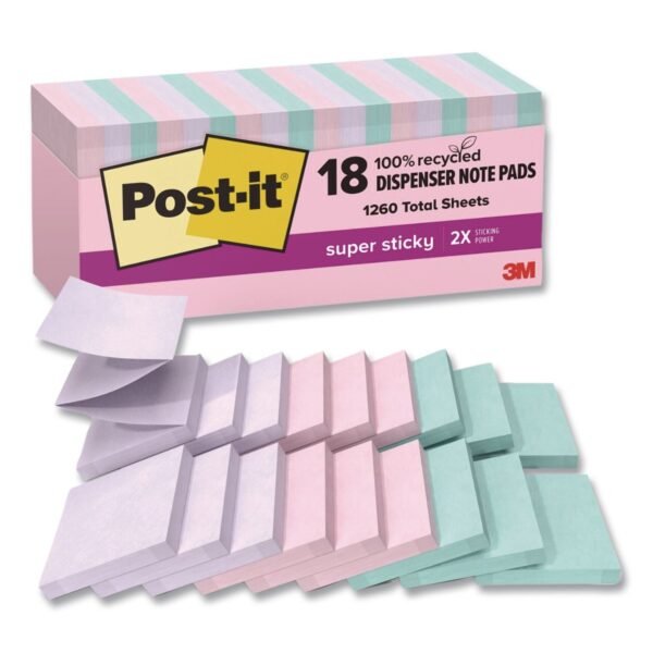 Post-it Recycled Pop-up Notes in Wanderlust Pastel Colors, Cabinet Pack, 3" x 3", Assorted Colors, 70 Sheets/Pad, 18 Pads/Pack (R33018SSNRPC)