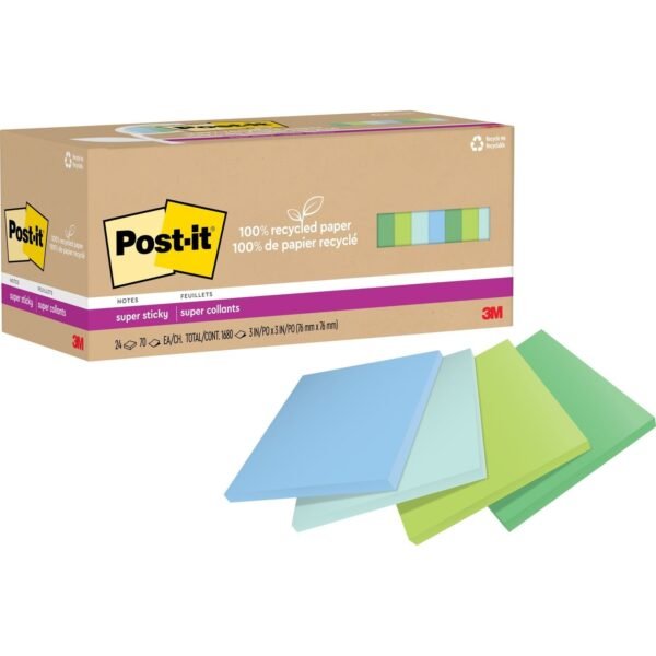 Post-it® Recycled Super Sticky Notes 70 - 3" Flag/Note Width x 3" Flag/Note Length - Square - 70 Sheets per Pad - Unruled - Assorted Oasis - Paper - Adhesive - Recycled - 24 /...