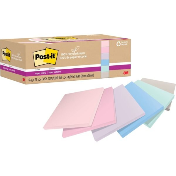 Post-it® Recycled Super Sticky Notes 70 - 3" Flag/Note Width x 3" Flag/Note Length - Square - 70 Sheets per Pad - Wanderlust Pastels - Adhesive - Recycled - 12 / Pack (654R12SSNRP)
