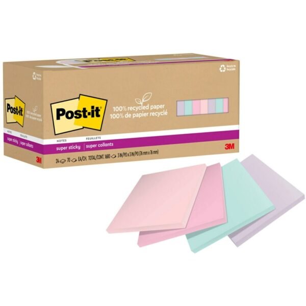 Post-it® Recycled Super Sticky Notes 70 - 3" Flag/Note Width x 3" Flag/Note Length - Square - 70 Sheets per Pad - Wanderlust Pastels - Adhesive - Recycled - 24 / Pack (654R24SSNRP)