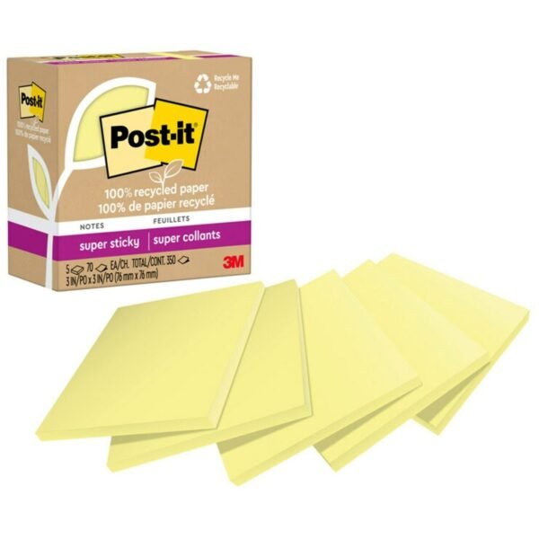 Post-it® Recycled Super Sticky Notes 70 - 3" Flag/Note Width x 3" Flag/Note Length - Square - 70 Sheets per Pad - Canary Yellow - Adhesive - Recycled - 5 / Pack (654R5SSCY)
