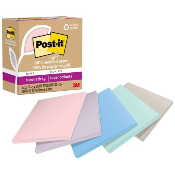 Post-it® Recycled Super Sticky Notes 70 - 3" Flag/Note Width x 3" Flag/Note Length - Square - 70 Sheets per Pad - Wanderlust Pastels - Adhesive - Recycled - 5 / Pack (654R5SSNRP)