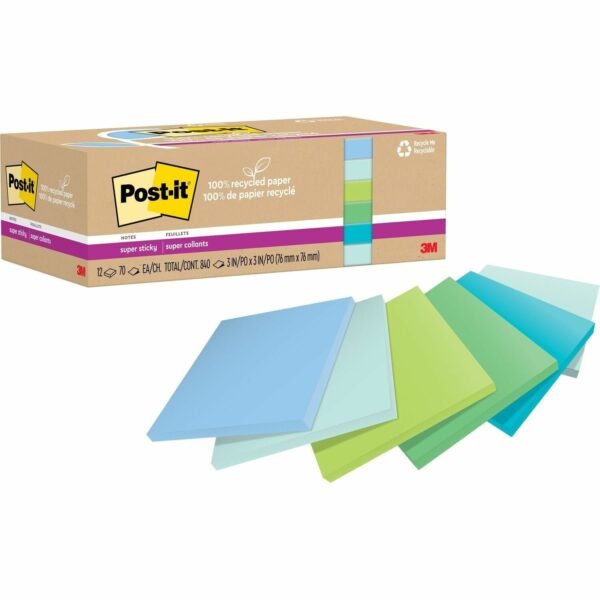 Post-it® Recycled Super Sticky Notes 70 - 3" Flag/Note Width x 3" Flag/Note Length - Square - 70 Sheets per Pad - Assorted Oasis - Adhesive - Recycled - 12 / Pack (654R12SST)