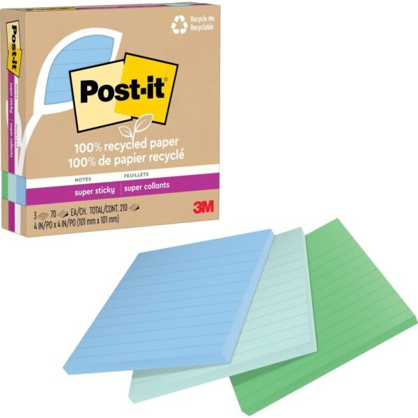 Post-it® Super Sticky Adhesive Note 210 - 4" Flag/Note Width x 4" Flag/Note Length - Square - 70 Sheets per Pad - Ruled - Assorted Oasis - Removable, Repositionable, Recyclable...