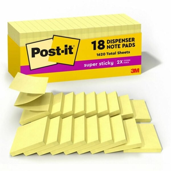 Post-it® Super Sticky Dispenser Notes - Canary Yellow 3" Flag/Note Width x 3" Flag/Note Length - Square - Canary Yellow - Paper - Pop-up, Recyclable, Adhesive - 18 / Pack...