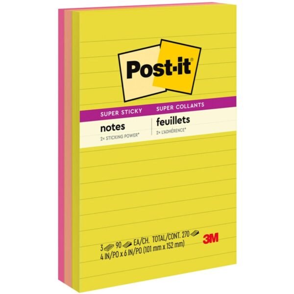 Post-it® Super Sticky Multi-Pack Notes - Summer Joy Color Collection 4" Flag/Note Width x 6" Flag/Note Length - Rectangle - 90 Sheets per Pad - Citron, Papaya Fizz, Power Pink,...