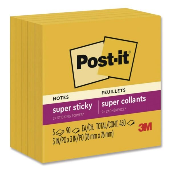 Post-it Super Sticky Note Pads in Playful Primary Colors, 3 x 3, Sunnyside, 90 Sheets/Pad, 5 Pads/Pack (6545SSY)