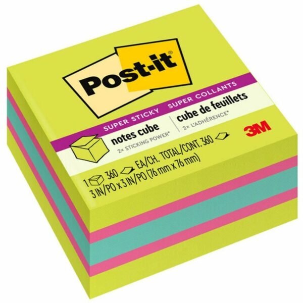 Post-it® Super Sticky Notes Cube 3" Flag/Note Width x 3" Flag/Note Length - Square - 360 Sheets per Pad - Guava, Acid Lime, Aqua Splash - Paper - Sticky, Recyclable - 1 Pack...