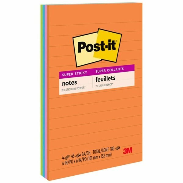 Post-it® Super Sticky Notes - Energy Boost Color Collection 180 - 4" Flag/Note Width x 6" Flag/Note Length - Rectangle - 45 Sheets per Pad - Ruled - Vital Orange, Tropical Pink,...