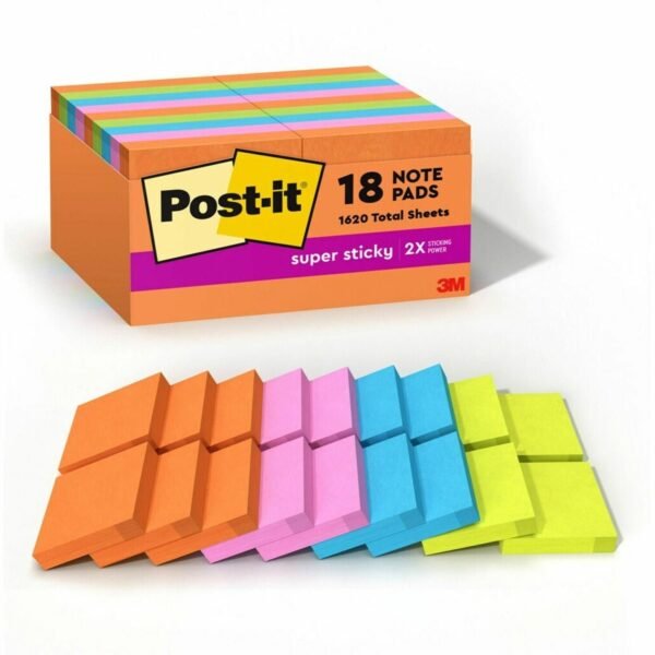 Post-it® Super Sticky Notes - Energy Boost Color Collection 2" Flag/Note Width x 2" Flag/Note Length - Square - 90 Sheets per Pad - Multicolor - Paper - Super Sticky, Adhesive,...