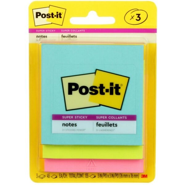 Post-it® Super Sticky Notes - Supernova Neons Color Collection 135 - 3" Flag/Note Width x 3" Flag/Note Length - Square - 45 Sheets per Pad - Unruled - Aqua Splash, Acid Lime,...