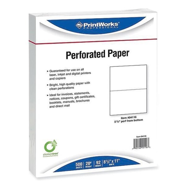 Printworks Professional Perforated and Punched Paper, 20 lb Bond Weight, 8.5 x 11, White, 500/Ream, 5 Reams/Carton (04166CT)