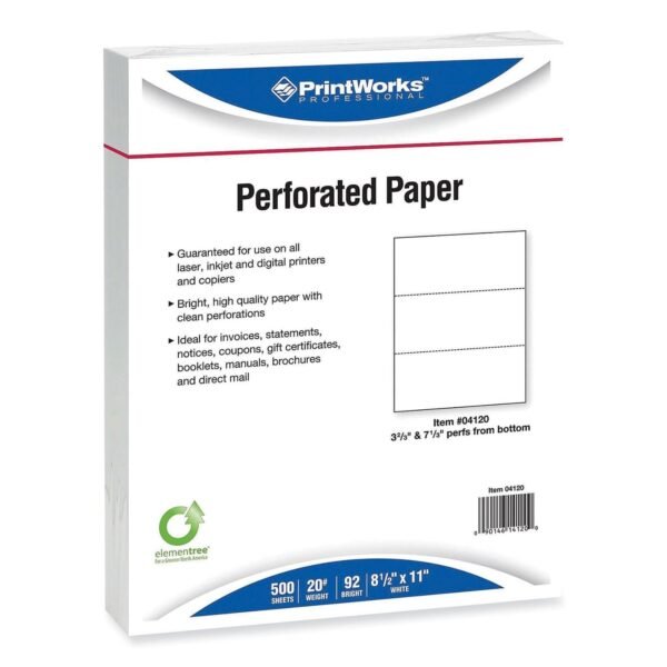 Printworks Professional Perforated and Punched Paper, 20 lb Bond Weight, 8.5 x 11, White, 500/Ream, 5 Reams/Carton (04120CT)