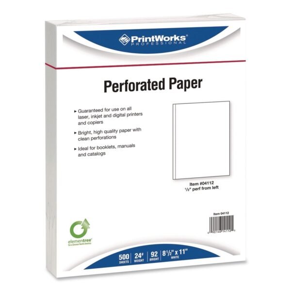 Printworks Professional Perforated Paper, 92 Bright, Perforated 0.5" from Left, 24 lb Bond Weight, 8.5 x 11, White, 500 Sheets/Ream, 5 Reams/Carton (04112P)