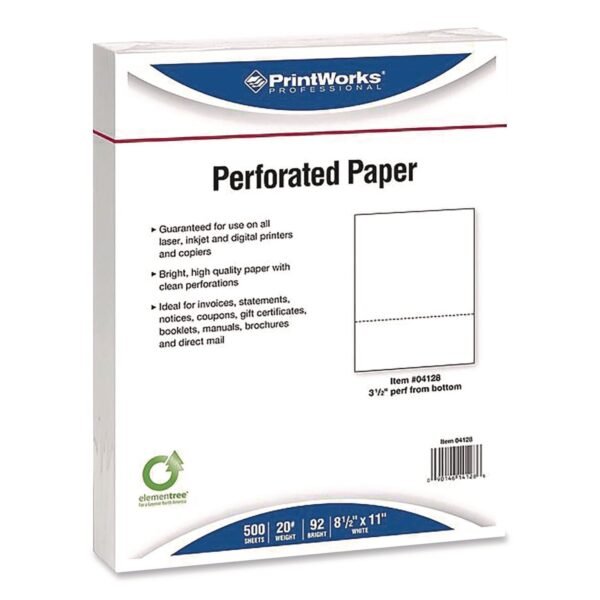 Printworks Professional Perforated Paper, 92 Bright, Perforated 3.5" from Bottom, 8.5 x 11, White, 500 Sheets/Ream, 5 Reams/Carton (04128)