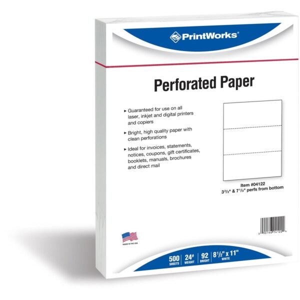 PrintWorks Professional Pre-Perforated Paper for Invoices, Statements, Gift Certificates & More Letter - 8 1/2" x 11" - 24 lb Basis Weight - Perforated - White - 500 / Ream (04122)