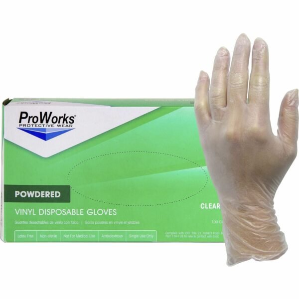 ProWorks Vinyl Powdered Industrial Gloves 3 mil Thickness x 9" Glove Length - Large Size - Vinyl - Clear - Powdered, Non-sterile - For Industrial, General Purpose, Construction,...
