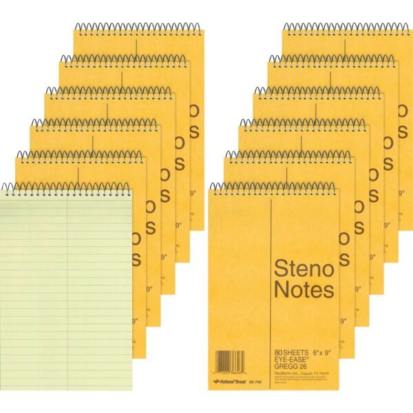 Rediform Steno Notebooks 80 Sheets - Wire Bound - Gregg Ruled Margin - 16 lb Basis Weight - 6" x 9" Sheet Size - Green Paper - Brown Board Cover - Hard Cover, Rigid - 12 / Pack...