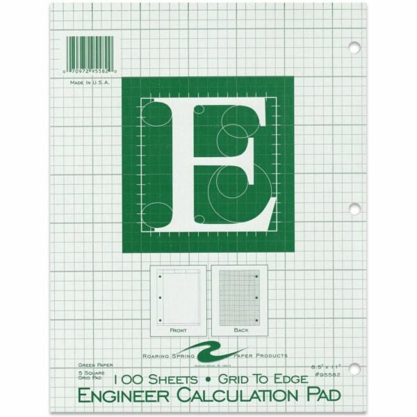 Roaring Spring 5x5 Grid Engineering Pad 100 Sheets - 200 Pages - Printed - Glued - Back Ruling Surface - 3 Hole(s) - 15 lb Basis Weight - 56 g/m² Grammage - 11" x 8 1/2" Sheet...