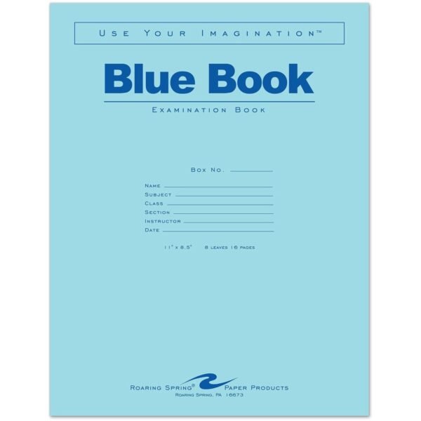 Roaring Spring 8 - sheet Blue Examination Book - Letter 8 Sheets - 16 Pages - Stapled - Red Margin - 15 lb Basis Weight - Letter - 8 1/2" x 11" Sheet Size - White Paper - Blue...