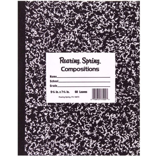 Roaring Spring Black Cover Flexcomp 10"x8" WM 60 Sheets - 120 Pages - Printed - Sewn/Tapebound - Both Side Ruling Surface - Wide Ruled Front Ruling - Red Margin - 15 lb Basis...