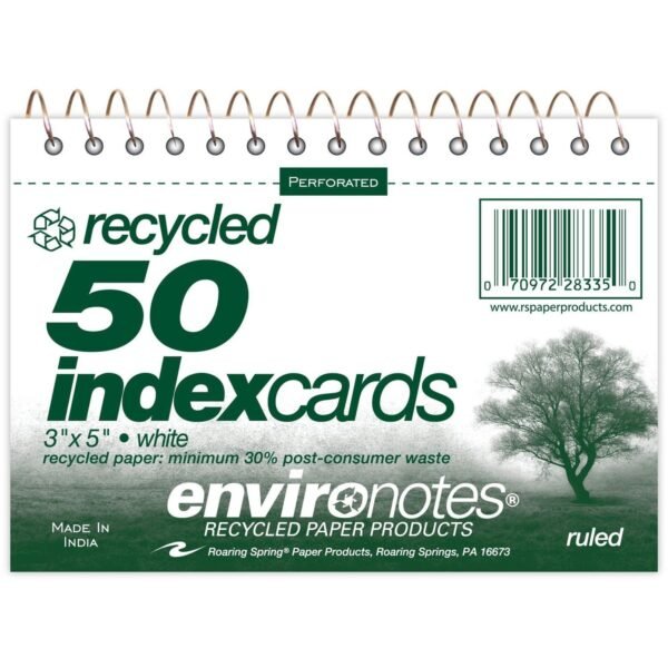 Roaring Spring Environotes Ruled Lined Perforated Spiralbound Recycled Index Cards 50 Sheets - 100 Pages - Printed - Spiral Bound - Front Ruling Surface - 43 lb Basis Weight -...