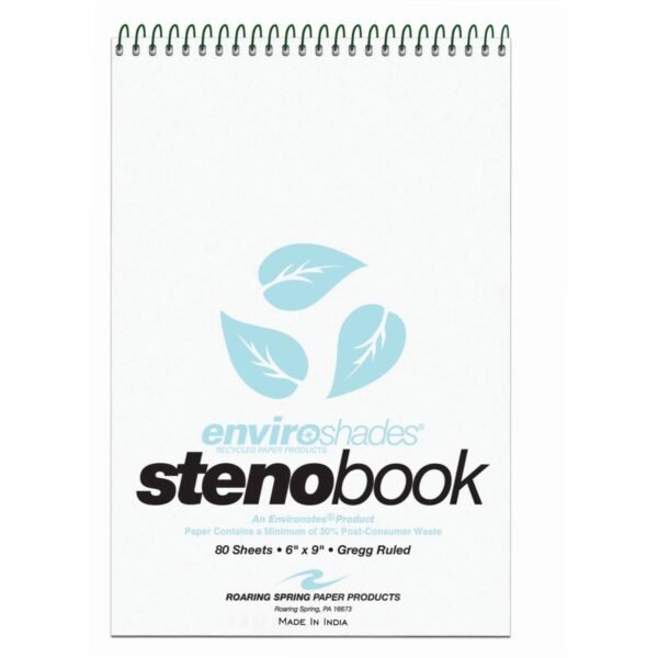 Roaring Spring Enviroshades Recycled Spiral Steno Memo Book 80 Sheets - 160 Pages - Printed - Spiral Bound - Both Side Ruling Surface - Gregg Ruled Red Margin - 15 lb Basis...