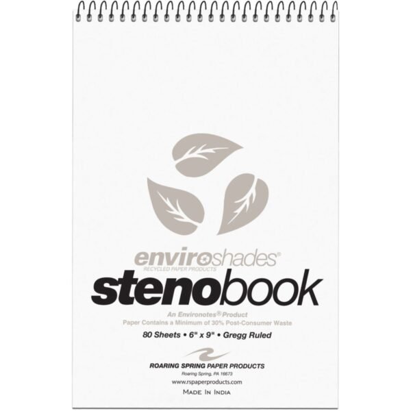 Roaring Spring Enviroshades Recycled Spiral Steno Memo Book 80 Sheets - 160 Pages - Printed - Spiral Bound - Both Side Ruling Surface - Gregg Ruled Red Margin - 15 lb Basis...