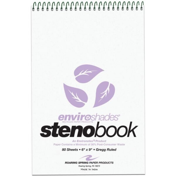 Roaring Spring Enviroshades Recycled Spiral Steno Memo Book 80 Sheets - 160 Pages - Printed - Spiral Bound - Both Side Ruling Surface - Gregg Ruled Red Margin - 15 lb Basis...