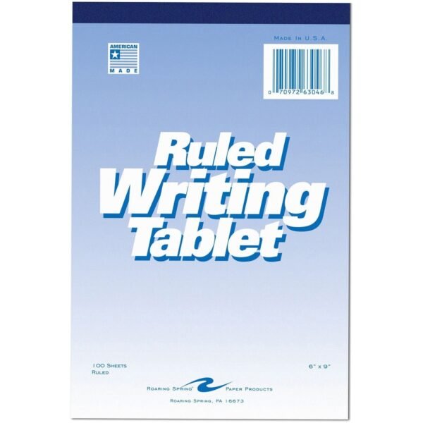 Roaring Spring Ruled Writing Tablets 100 Sheets - Glued/Tapebound - 15 lb Basis Weight - 6" x 9" Sheet Size - White Paper - White Chipboard Cover - Chipboard Backing - 1 Each...
