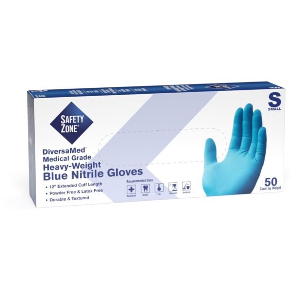 Safety Zone 12" Powder Free Blue Nitrile Gloves Small Size - Blue - Comfortable, Allergen-free, Silicone-free, Latex-free, Textured - For Cleaning, Dishwashing, Medical, Food,...