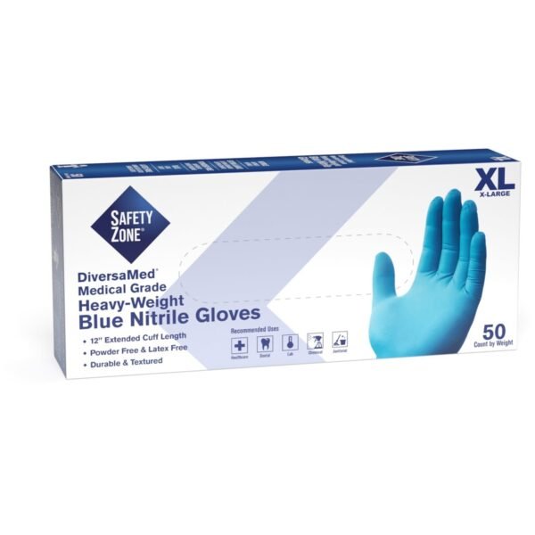 Safety Zone 12" Powder Free Blue Nitrile Gloves X-Large Size - Blue - Comfortable, Allergen-free, Silicone-free, Latex-free, Textured - For Cleaning, Dishwashing, Medical, Food,...