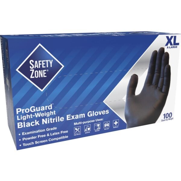 Safety Zone Powder Free Black Nitrile Gloves X-Large Size - Black - Powder-free, Latex-free, Silicone-free, Allergen-free, Comfortable, Textured, DEHP-free - For Food,...
