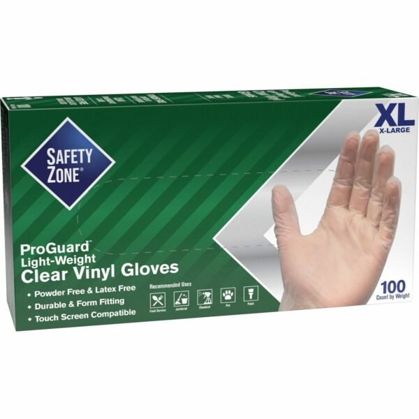 Safety Zone Powder Free Clear Vinyl Gloves 9.25" Glove Length - X-Large Size - Clear - Latex-free, DEHP-free, DINP-free, PFAS-free, Comfortable, Silicone-free - For Janitorial...