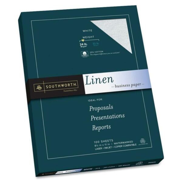 Southworth 25% Cotton Linen Business Paper Letter - 8 1/2" x 11" - 24 lb Basis Weight - Linen - 100 / Box - Acid-free, Watermarked, Date-coded - White (P554CK)