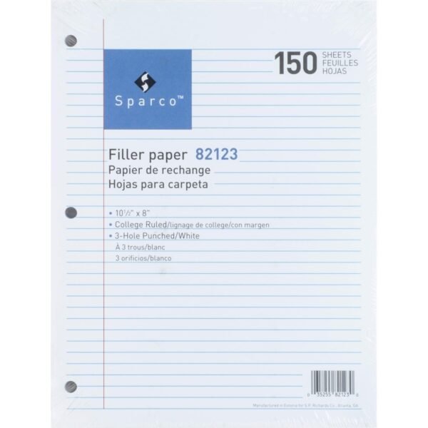 Sparco 3-hole Punched Filler Paper 150 Sheets - College Ruled Front Ruling - Ruled Red Margin - 16 lb Basis Weight - 8" x 10 1/2" Sheet Size - White Paper - Bleed-free - 150 /...