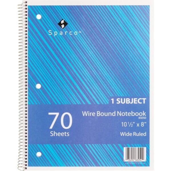 Sparco Quality 3HP Notebook 1 Subject(s) - 70 Sheets - Wire Bound - Wide Ruled Front Ruling - Unruled Margin - 16 lb Basis Weight - 8" x 10 1/2" Sheet Size - Bright White Paper...