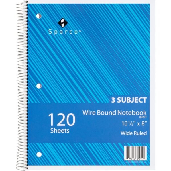 Sparco Quality 3HP Notebook 3 Subject(s) - 120 Sheets - Wire Bound - Wide Ruled Front Ruling - Unruled Margin - 16 lb Basis Weight - 8" x 10 1/2" Sheet Size - Bright White Paper...