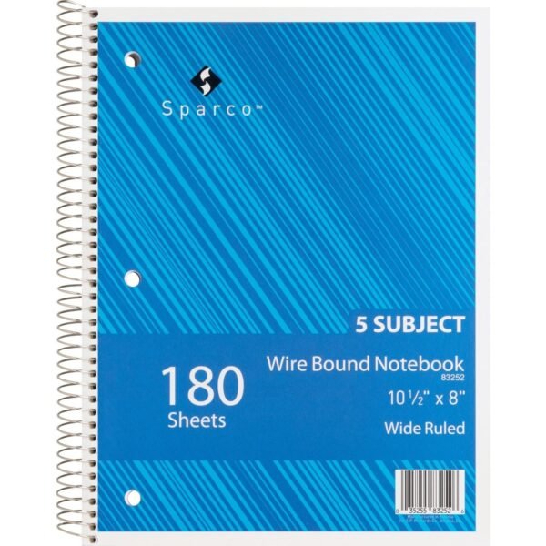 Sparco Quality 3HP Notebook 5 Subject(s) - 180 Sheets - Wire Bound - Wide Ruled Front Ruling - Unruled Margin - 16 lb Basis Weight - 8" x 10 1/2" Sheet Size - Bright White Paper...