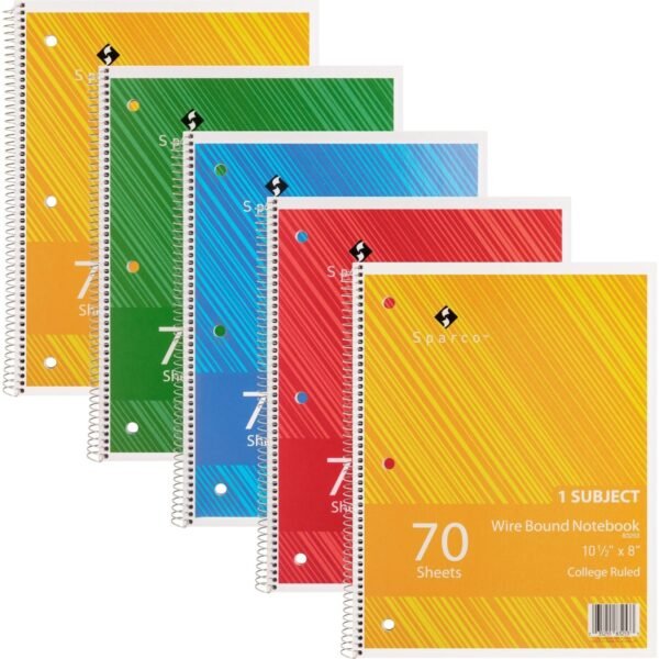 Sparco Wirebound Notebooks 70 Sheets - Wire Bound - College Ruled Front Ruling - Unruled Margin - 16 lb Basis Weight - 8" x 10 1/2" Sheet Size - Assorted Chipboard Cover -...