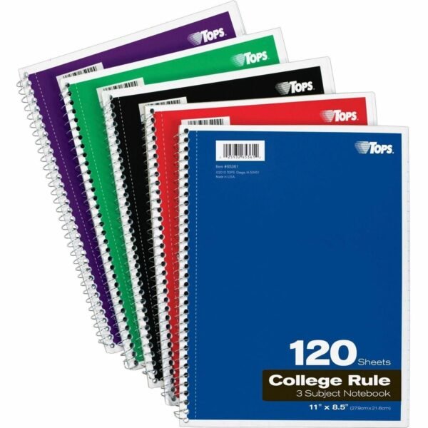 TOPS 3 - subject College Ruled Notebook - Letter 120 Sheets - Wire Bound - Letter - 8 1/2" x 11" Sheet Size - 0.25" Height x 8.5" Width x 11" Length - Assorted Paper - Black,...