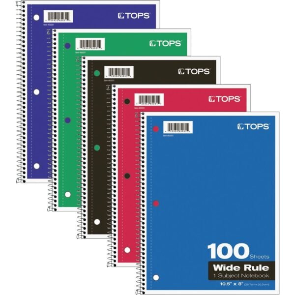 TOPS Wide Rule 1-subject Spiral Notebook 100 Sheets - Wire Bound - 10 1/2" x 8" Sheet Size - 0.25" Height x 8" Width x 10.5" Length - Assorted Paper - Black Card Stock, Red,...