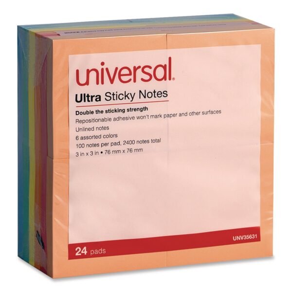 Ultra Sticky Note Pads, 3" x 3", Assorted, 100 Sheets/Pad, 24 Pads/Pack