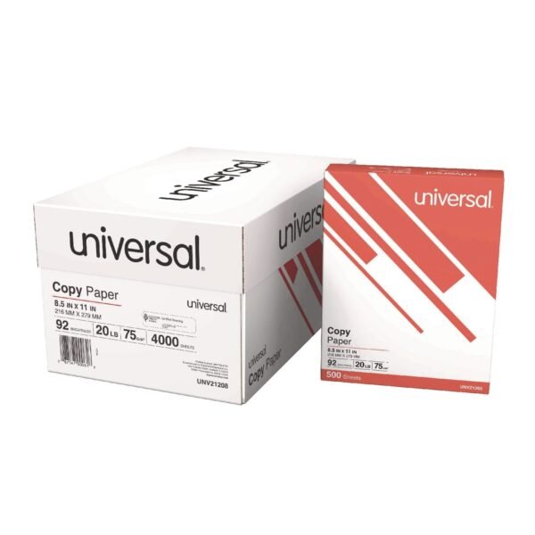 Universal Copy Paper Convenience Carton, 92 Bright, 20 lb Bond Weight, 8.5 x 11, White, 500 Sheets/Ream, 8 Reams/Carton (UNV21208)