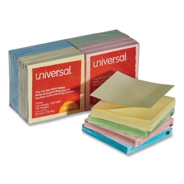 Universal Fan-Folded Self-Stick Pop-Up Note Pads, 3" x 3", Assorted Pastel Colors, 100 Sheets/Pad, 12 Pads/Pack (UNV35619)