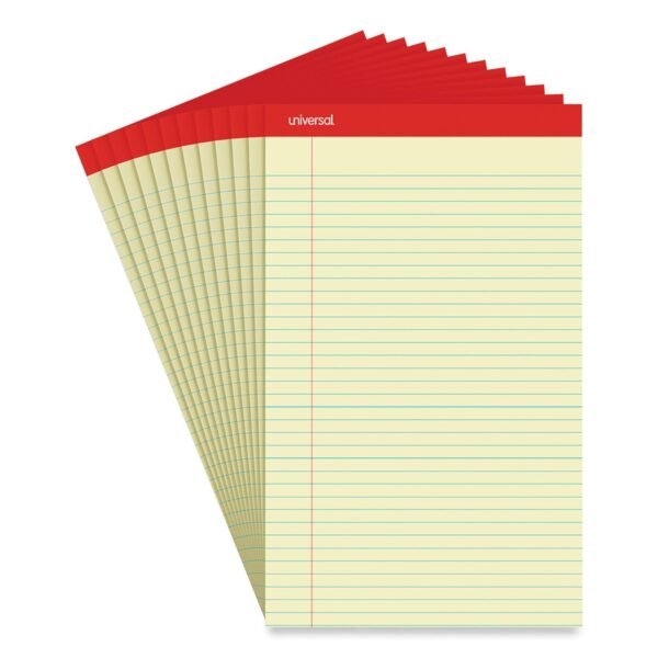 Universal Perforated Ruled Writing Pads, Wide/Legal Rule, Red Headband, 50 Canary-Yellow 8.5 x 14 Sheets, Dozen (UNV40000)